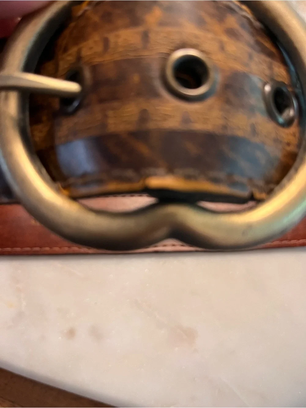 Vintage Brown Leather Belt with Unique Antiqued Brass Buckle size M